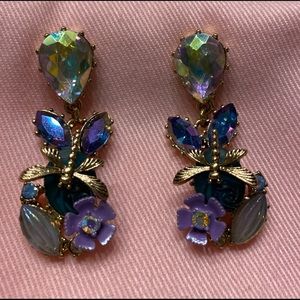 Pierced earrings with pretty purple and green with a dragonfly